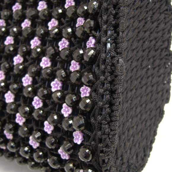 Black Fenghua Purse Pink Flower Beaded Tote Evening Handbag Silver Metal - Picture 5 of 8